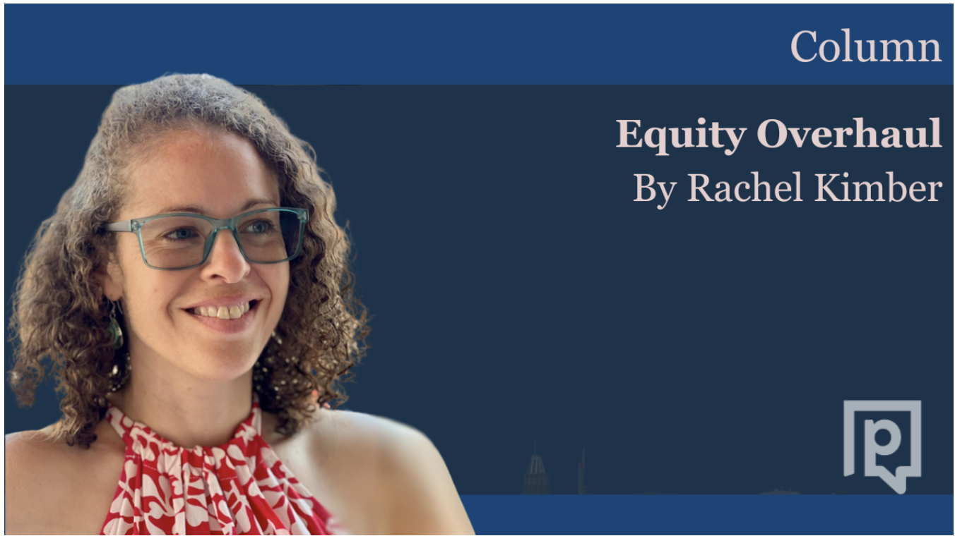 A woman appears before a dark blue background that reads 'Column Equity Overhaul By Rachel Kimber'